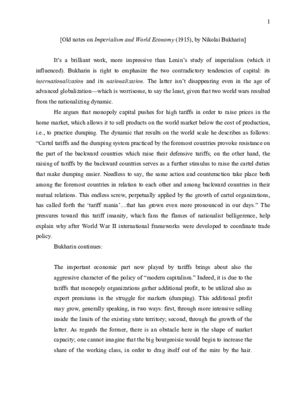 "Imperialism and World Economy," by Nikolai Bukharin