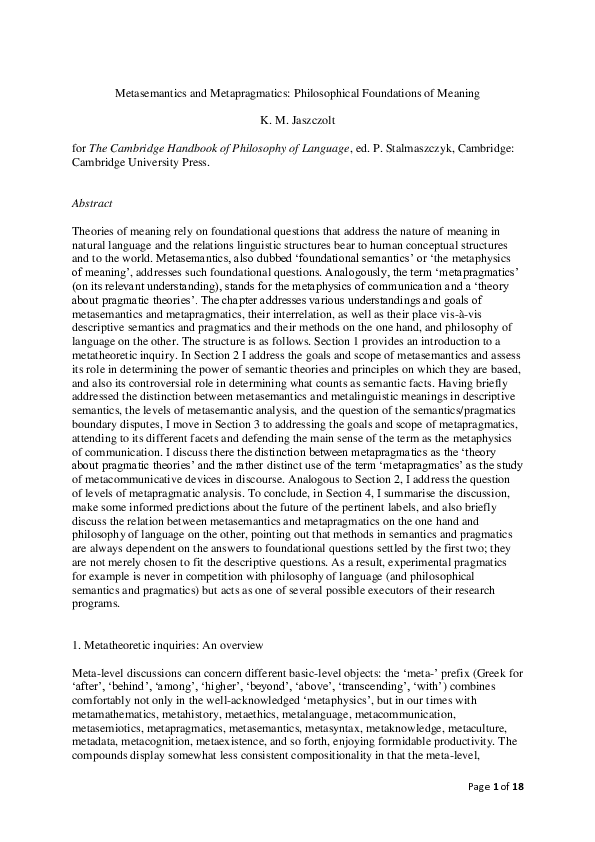 (PDF) Metasemantics and metapragmatics Philosophical foundations of