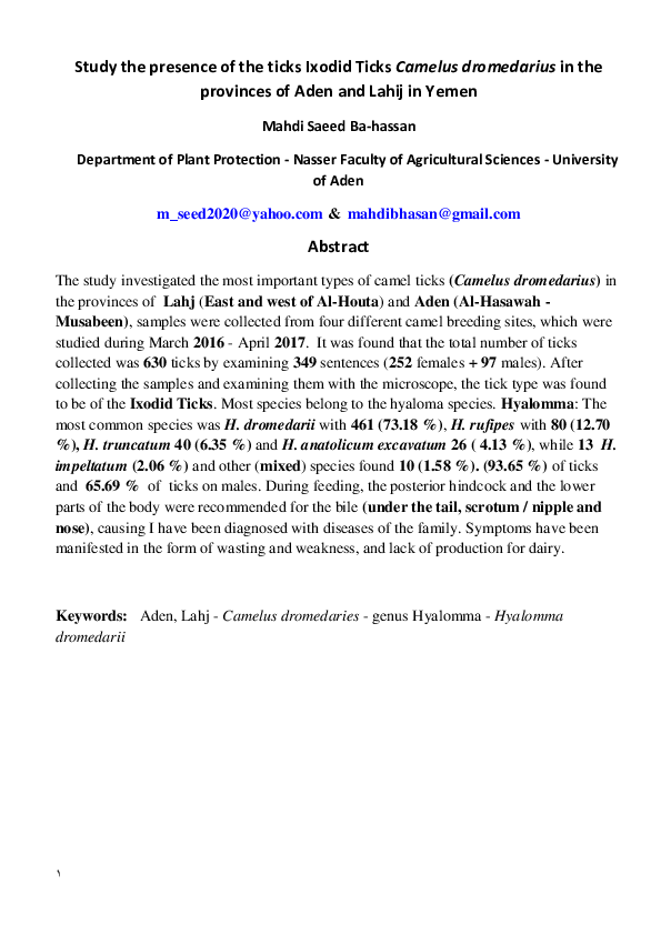 (PDF) Study the presence of the ticks Ixodid Ticks Camelus dromedarius ...