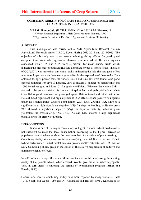(PDF) COMBINING ABILITY FOR GRAIN YIELD AND SOME RELATED CHARACTERS IN ...