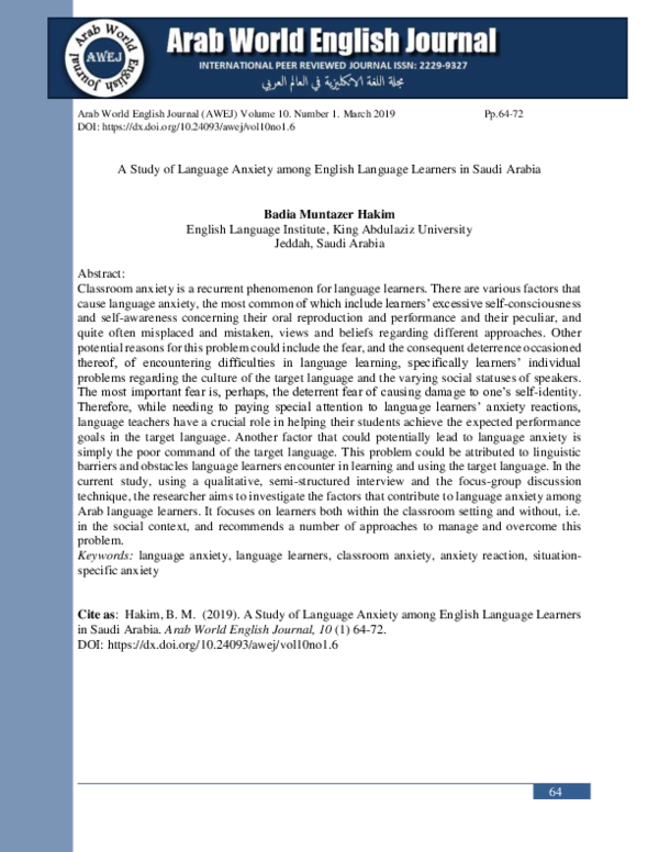(PDF) A Study of Language Anxiety among English Language Learners in ...