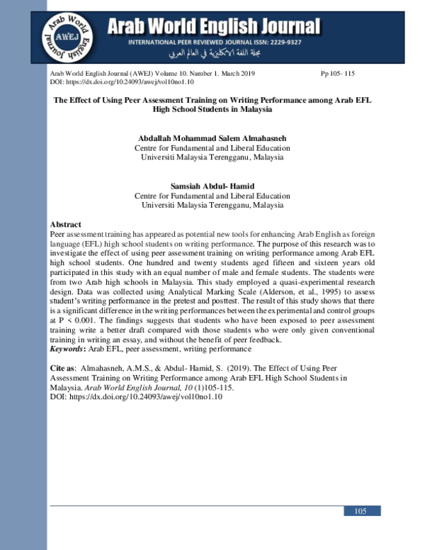 (PDF) The Effect of Using Peer Assessment Training on Writing ...