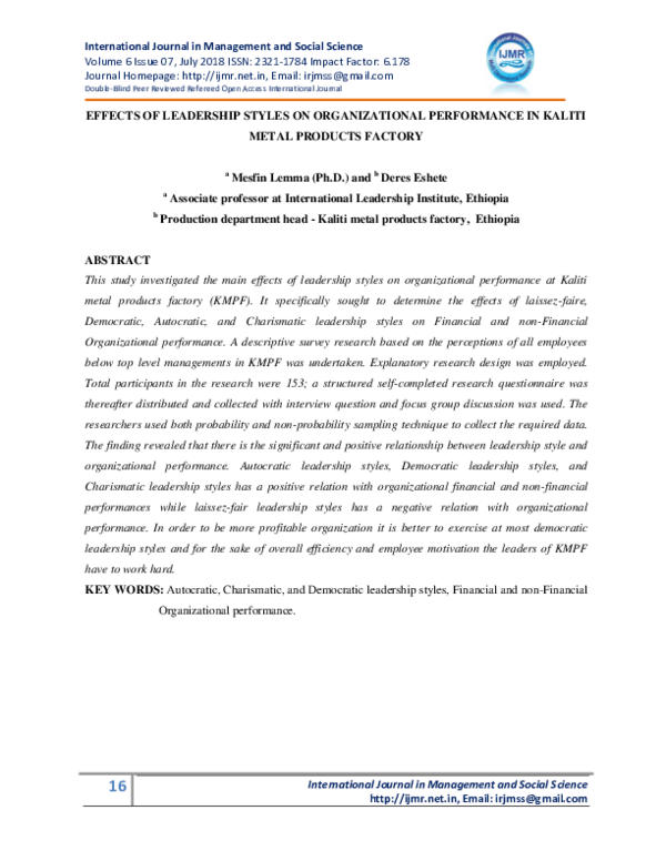(PDF) EFFECTS OF LEADERSHIP STYLES ON ORGANIZATIONAL PERFORMANCE IN ...