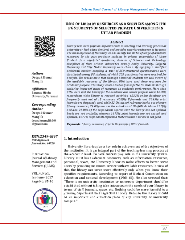 (PDF) USES OF LIBRARY RESOURCES AND SERVICES AMONG THE PG STUDENTS OF ...