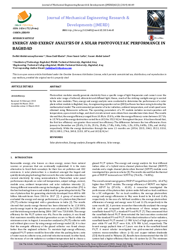 (PDF) Energy And Exergy Analysis Of A Solar Photovoltaic Performance In ...