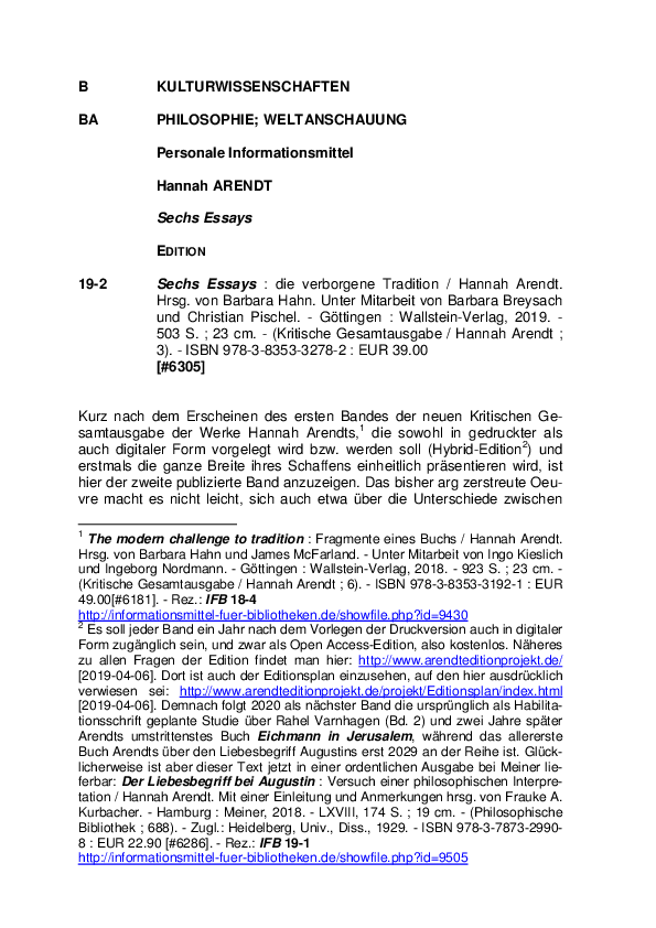 (PDF) IFB-Rezension Sechs Essays : die verborgene Tradition / Hannah ...