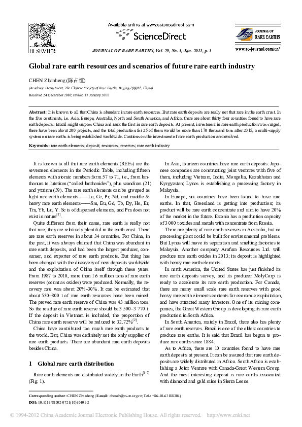 (PDF) Global rare earth resources and scenarios of future rare earth industry, CHEN Zhanheng