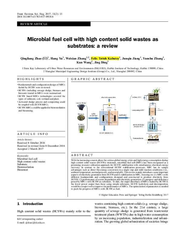 (PDF) Microbial fuel cell with high content solid wastes as substrates