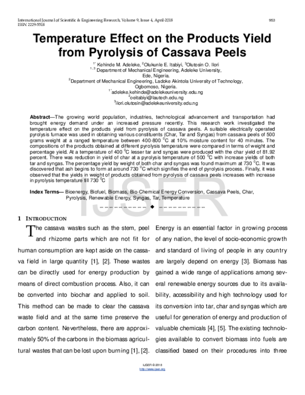 (PDF) Temperature Effect on the Products Yield from Pyrolysis of ...