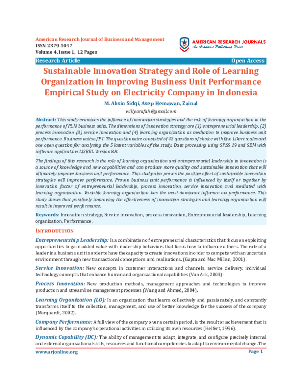 (PDF) Sustainable Innovation Strategy and Role of Learning Organization ...