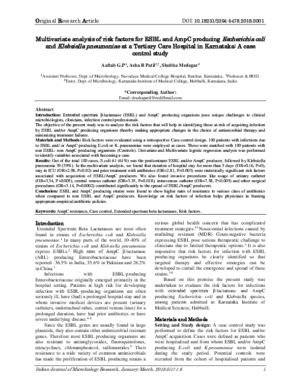 (PDF) Multivariate analysis of risk factors for ESBL and AmpC producing