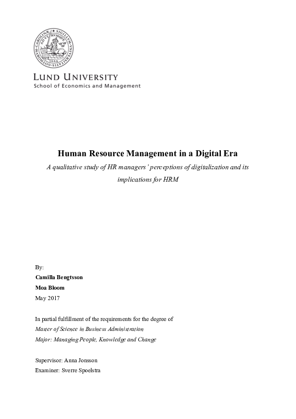 (PDF) Human Resource Management in a Digital Era A qualitative study of ...
