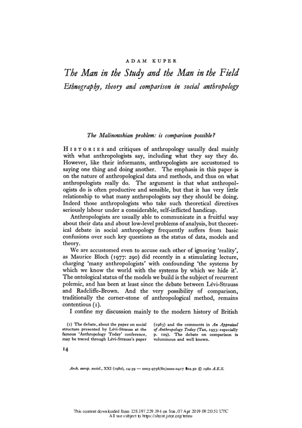 (PDF) The Man in the Study and the Man in the Field: Ethnography theory ...