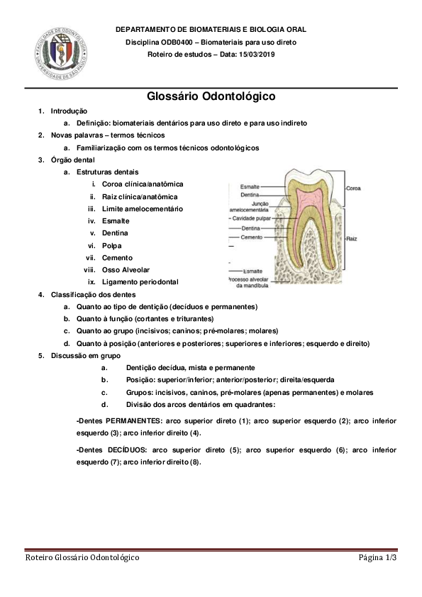  PDF Roteiro Gloss rio Odontol gico P gina 1 3 DEPARTAMENTO DE 