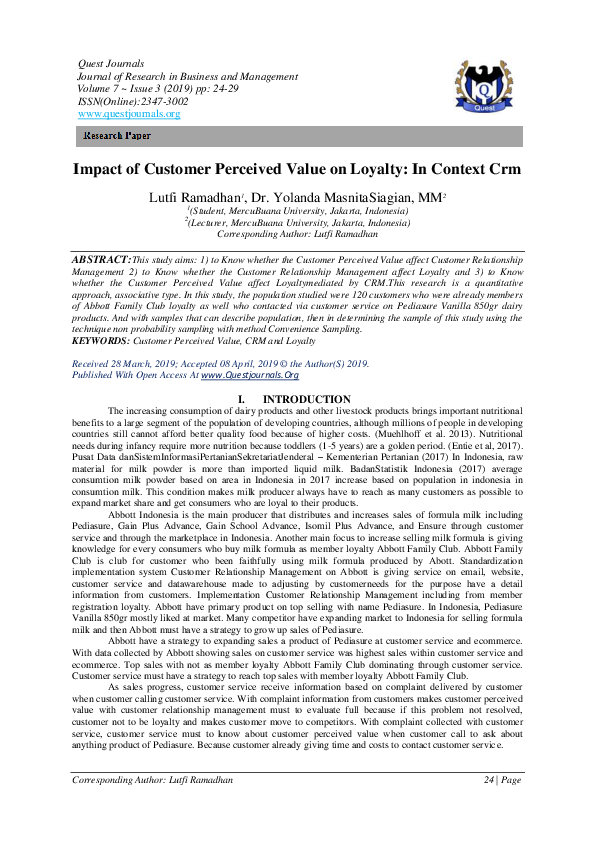 (PDF) Impact of Customer Perceived Value on Loyalty: In Context Crm