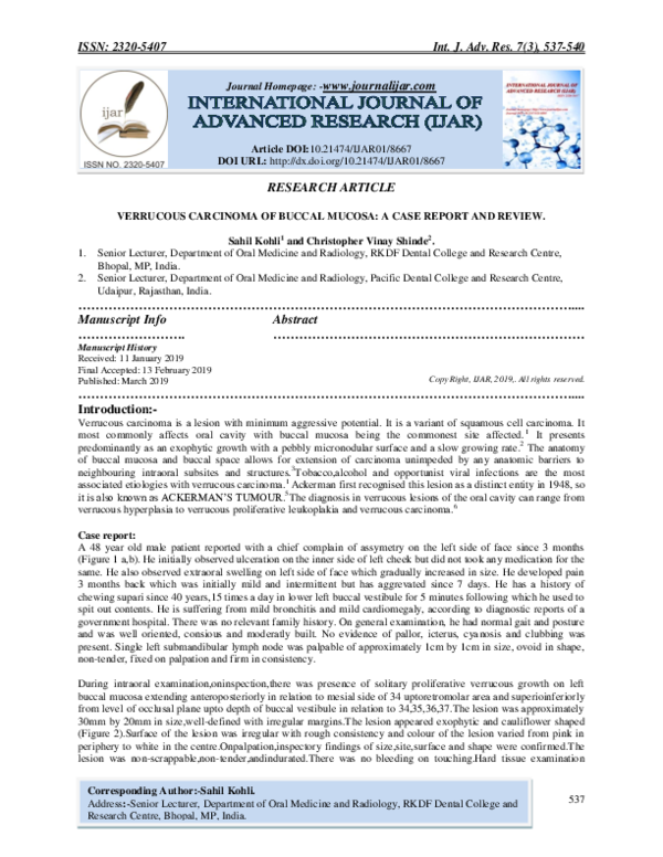 (PDF) VERRUCOUS CARCINOMA OF BUCCAL MUCOSA: A CASE REPORT AND REVIEW.