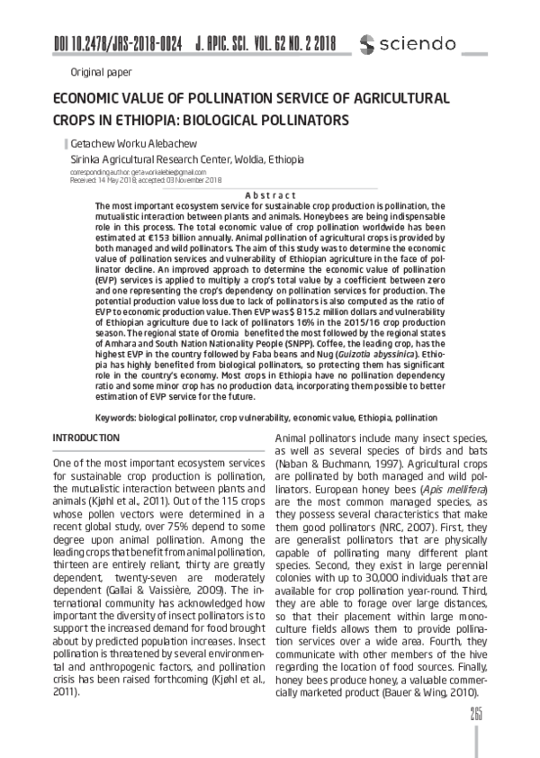 (PDF) ECONOMIC VALUE OF POLLINATION SERVICE OF AGRICULTURAL CROPS IN ...
