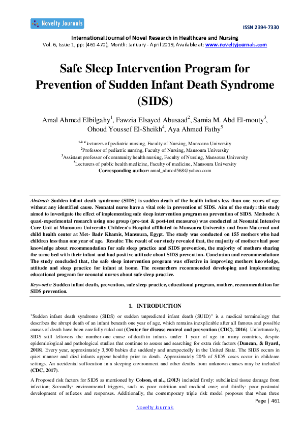 (PDF) Safe Sleep Intervention Program for Prevention of Sudden Infant ...
