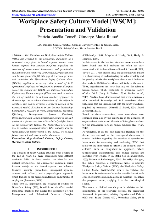 (PDF) Workplace Safety Culture Model [WSCM] Presentation and