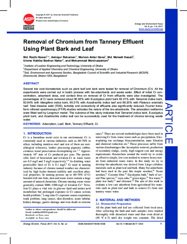 (PDF) Removal of Chromium from Tannery Effluent Using Plant Bark and Leaf