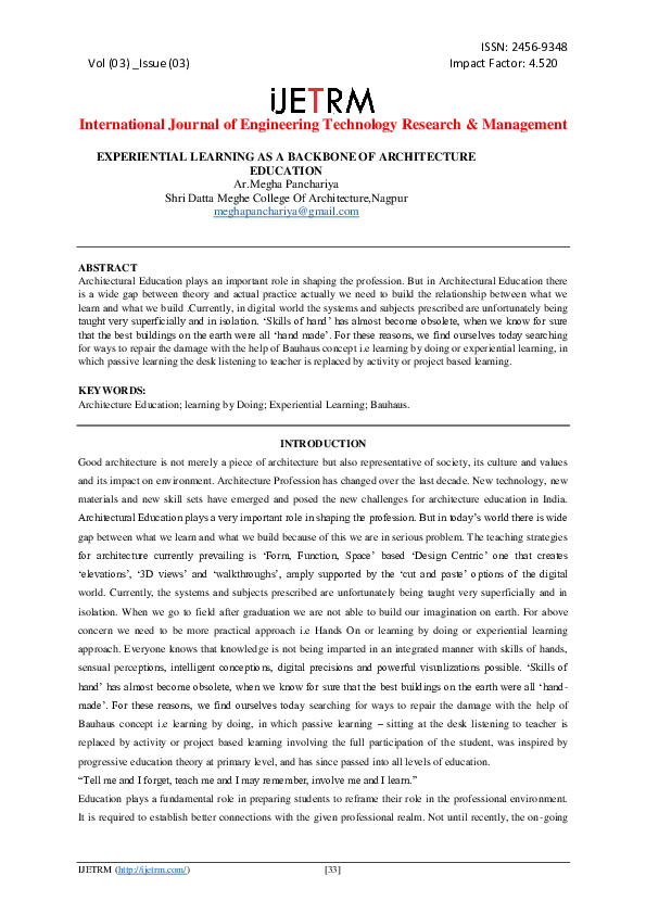 (PDF) EXPERIENTIAL LEARNING AS A BACKBONE OF ARCHITECTURE EDUCATION