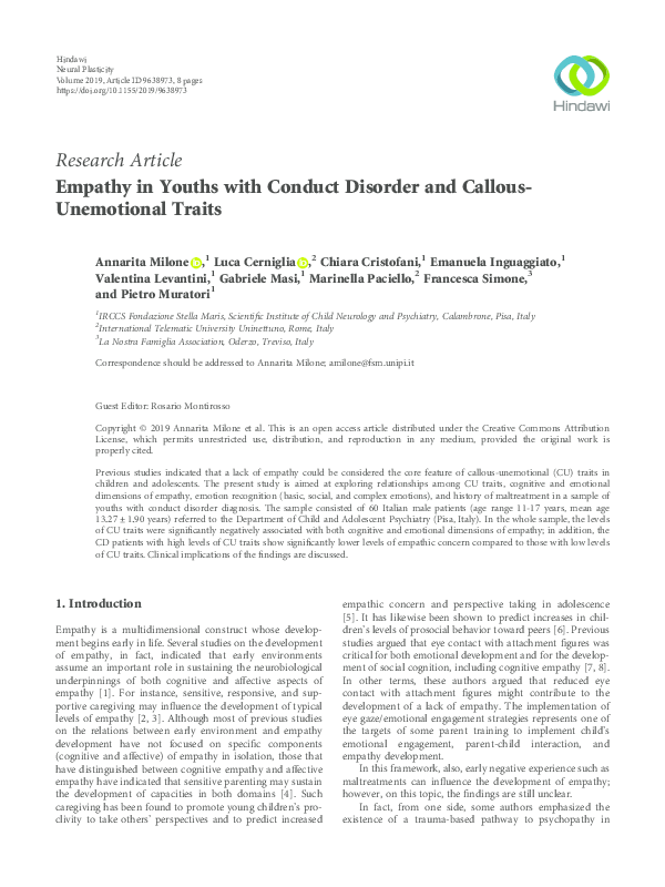 (PDF) Empathy in Youths with Conduct Disorder and Callous-Unemotional ...