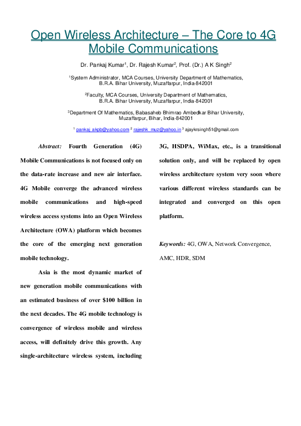 (PDF) Open Wireless Architecture -The Core to 4G Mobile Communications