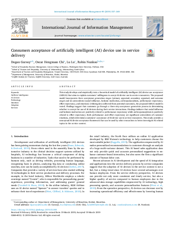 (PDF) Consumers Acceptance of Artificially Intelligent (AI) Device Use ...