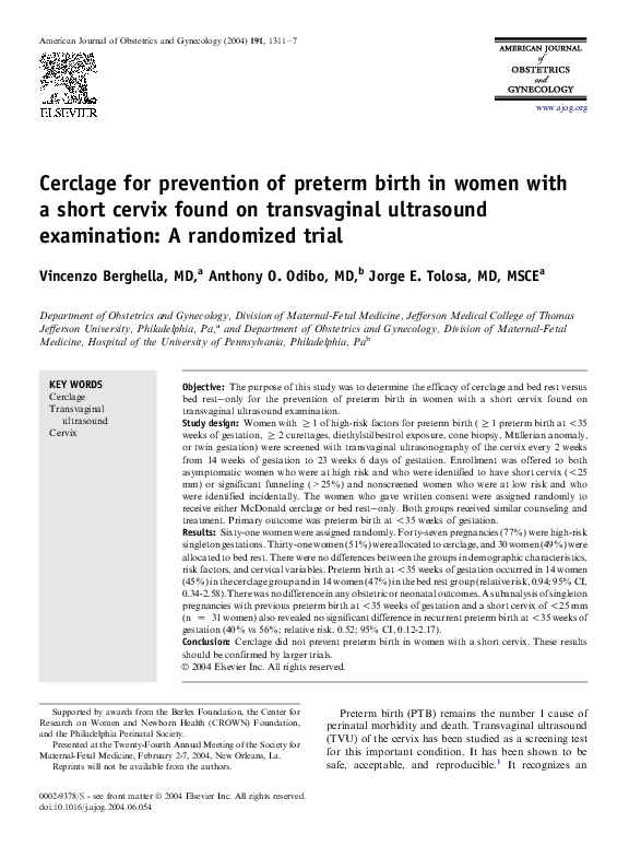 (PDF) Cerclage for prevention of preterm birth in women with a short