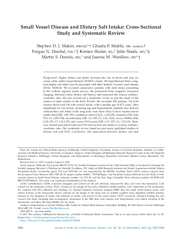 (PDF) Small Vessel Disease and Dietary Salt Intake: Cross-Sectional ...