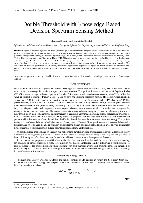 (PDF) Double Threshold with Knowledge Based Decision Spectrum Sensing ...