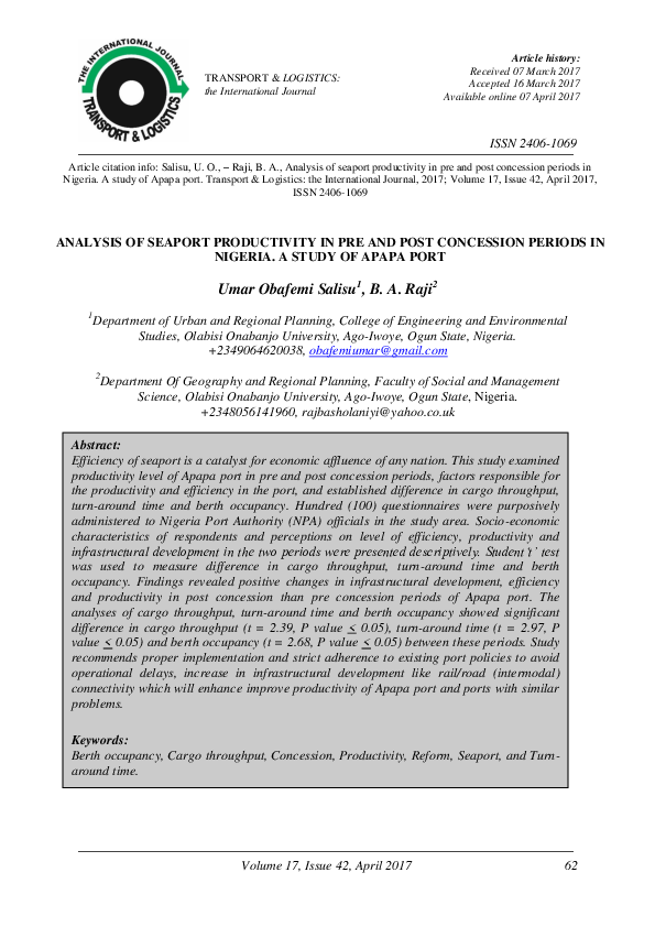 (PDF) ANALYSIS OF SEAPORT PRODUCTIVITY IN PRE AND POST CONCESSION ...