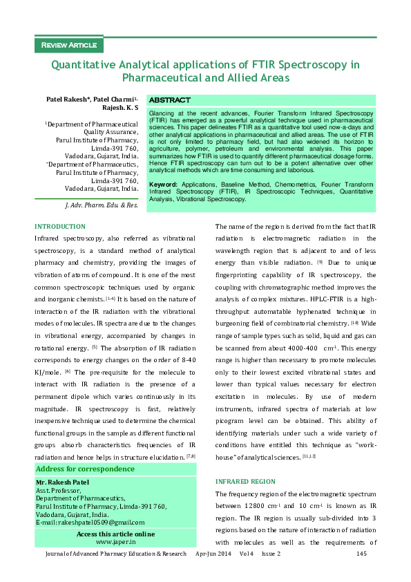 (PDF) FTIR Spectroscopy In Pharmaceutical and Allied Steven Fransisco