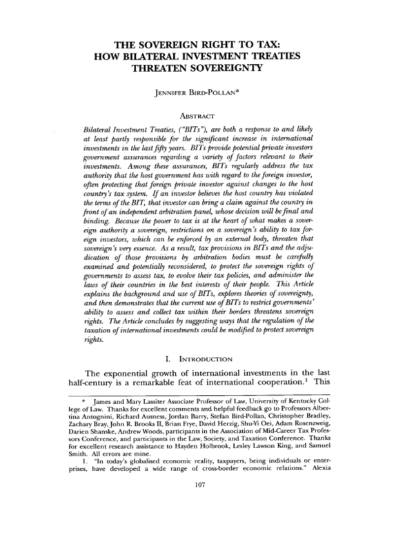 (PDF) THE SOVEREIGN RIGHT TO TAX HOW BILATERAL INVESTMENT TREATIES