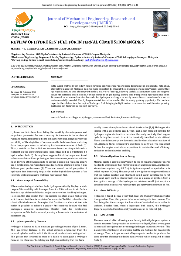 (PDF) Review of Hydrogen Fuel for Internal Combustion Engines