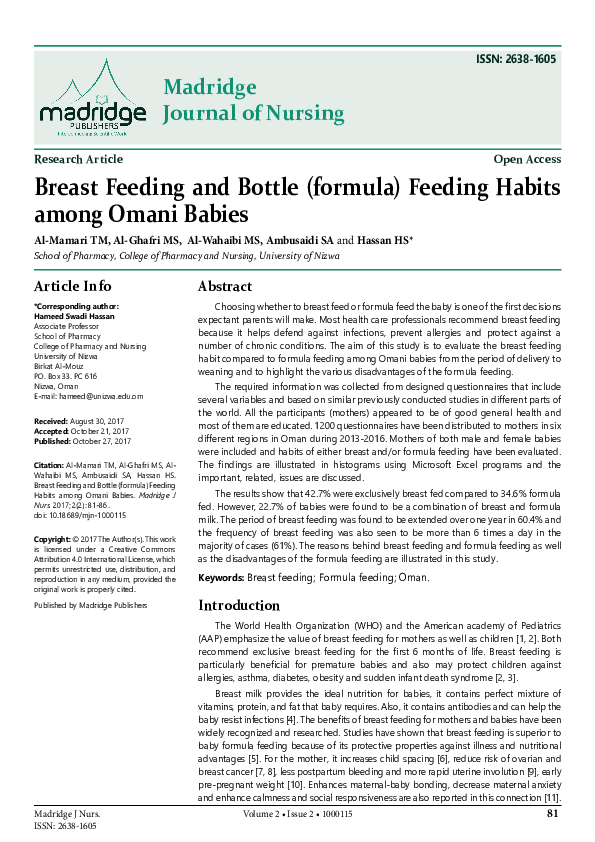 (PDF) Breast Feeding and Bottle (formula) Feeding Habits among Omani