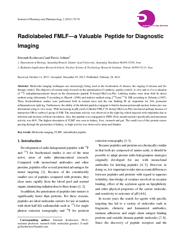 (PDF) Radiolabeled FMLFa Valuable Peptide for Diagnostic Imaging