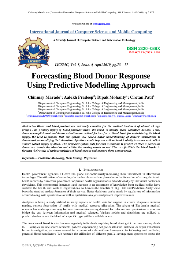 (PDF) Forecasting Blood Donor Response Using Predictive Modelling Approach﻿