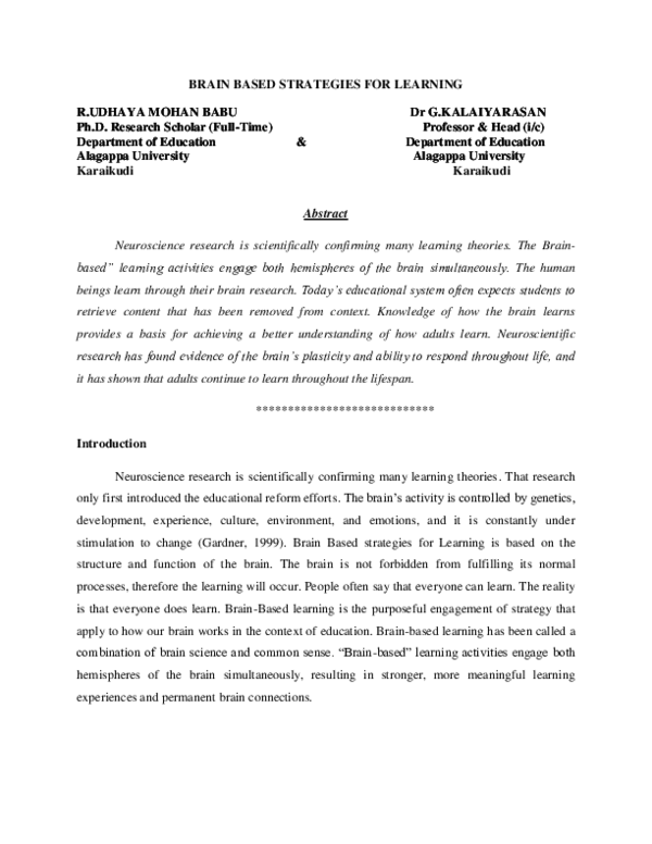 (DOC) BRAIN BASED STRATEGIES FOR LEARNING