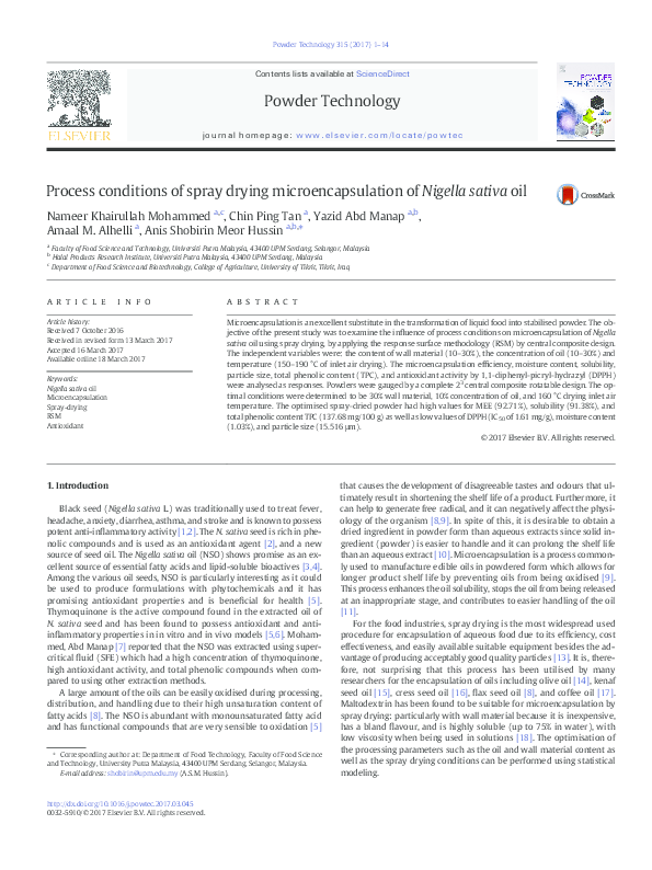 (PDF) Process conditions of spray drying microencapsulation of Nigella ...
