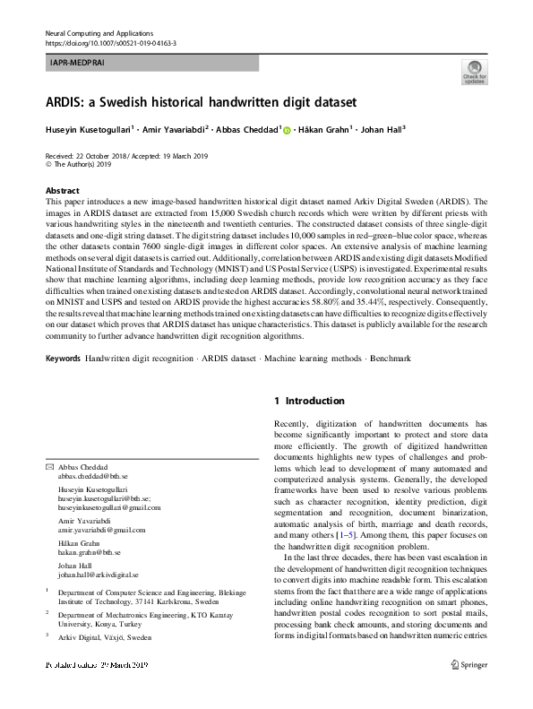  pdf ardis a swedish historical handwritten digit dataset