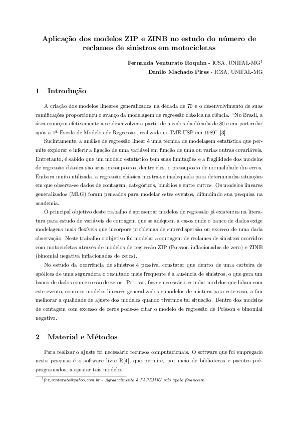 (PDF) Aplication of ZIP e ZINB models in study of the claim of ...