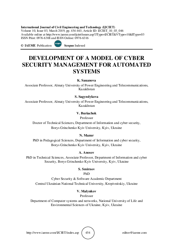 (PDF) Development of a Model of Cyber Security Management for Automated ...