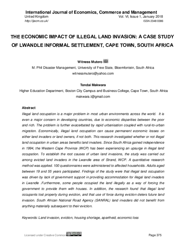 (PDF) THE ECONOMIC IMPACT OF ILLEGAL LAND INVASION A CASE STUDY OF