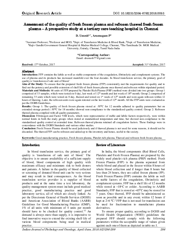 (PDF) Assessment of the quality of fresh frozen plasma and refrozen