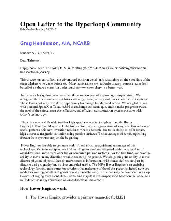 (DOC) Open Letter to the Hyperloop Community