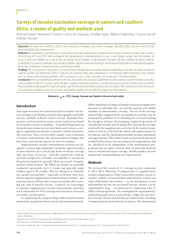 (PDF) Surveys of measles vaccination coverage in eastern and southern ...