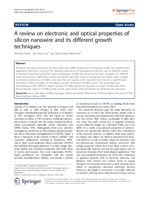 (PDF) A review on electronic and optical properties of silicon nanowire ...