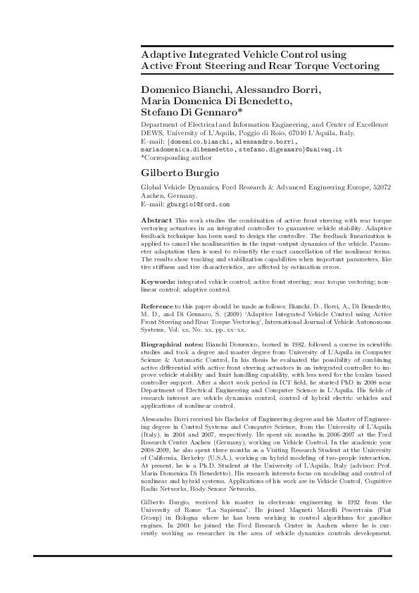 (PDF) Adaptive Integrated Vehicle Control using AFS and RTV