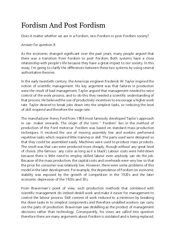 (DOC) Essay 1 Fordism And Post Fordism